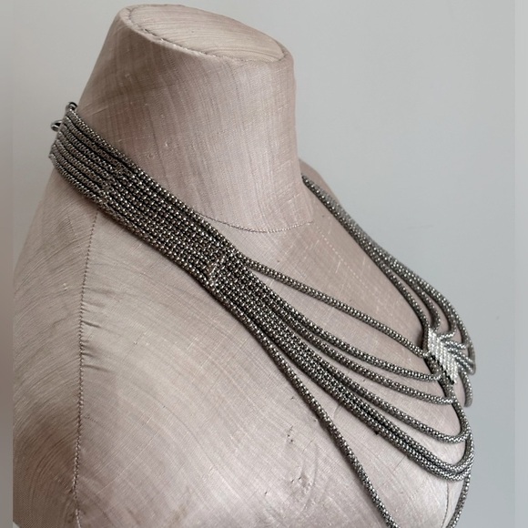 Dark Silver Tone Mesh Layered Swag Chest Chain Statement‎ Necklace with Crystal - Picture 7 of 10